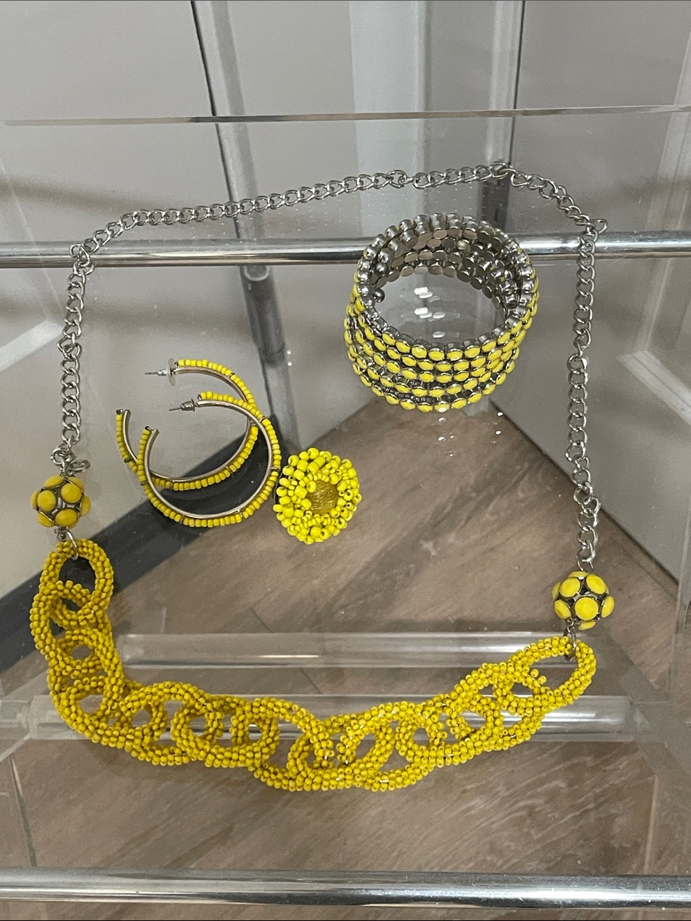 Yellow Beaded Statement Necklace, Earring, Bracelet & Ring